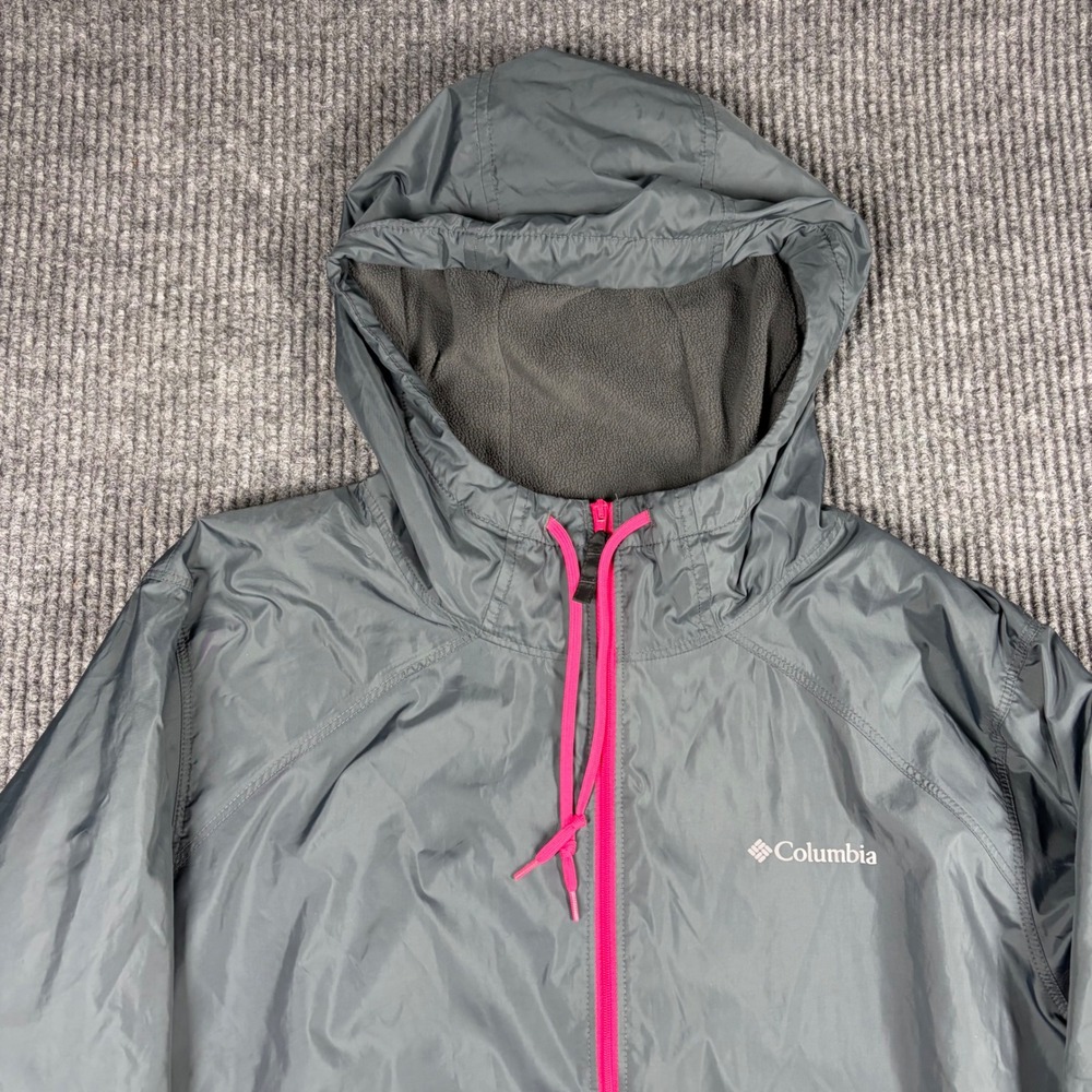 Columbia Womens XL Gray Black Fleece Lined Windbreaker Hooded Jacket Pink Zip - Picture 2 of 6